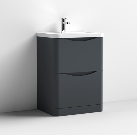 Nuie Lunar Satin Anthracite 600mm Floor Standing 2 Drawer Unit & Polymarble Basin